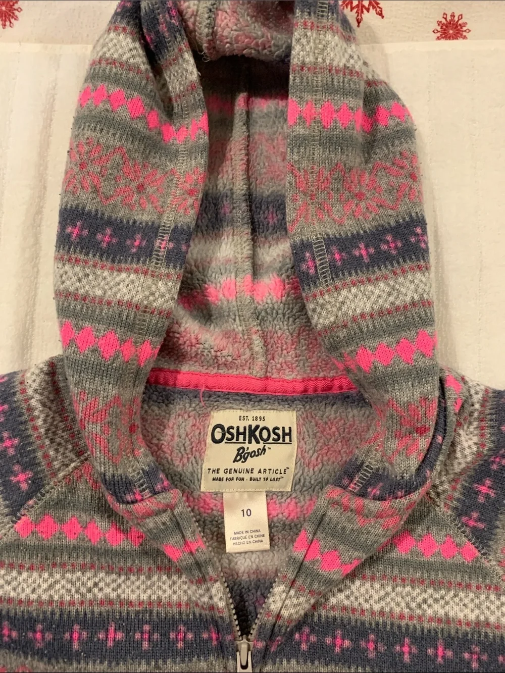 Oshkosh B’gosh Girls Fleece Lined Fair Isle Full Zip Hooded Sweater(Hoodie) 10​